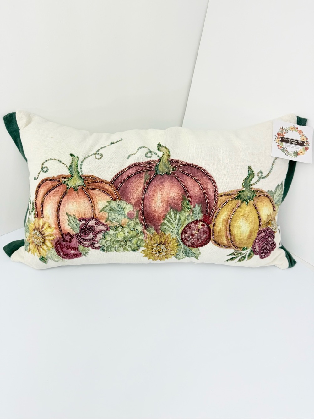 Gardeners Eden Cream Green Pumpkin Fall Print Soft Woven Beaded Accent Pillow